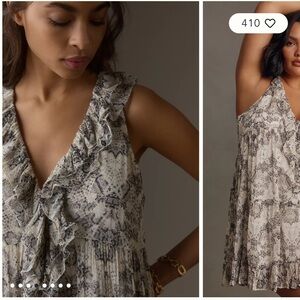 Anthropologie Sleeveless V-Neck Ruffle Mini Dress black and white pattern NEW